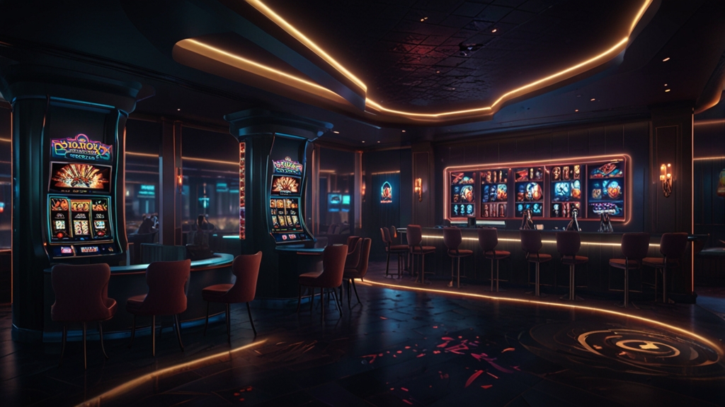 Mobile casino interface on a phone with bright game tiles in a dark lounge