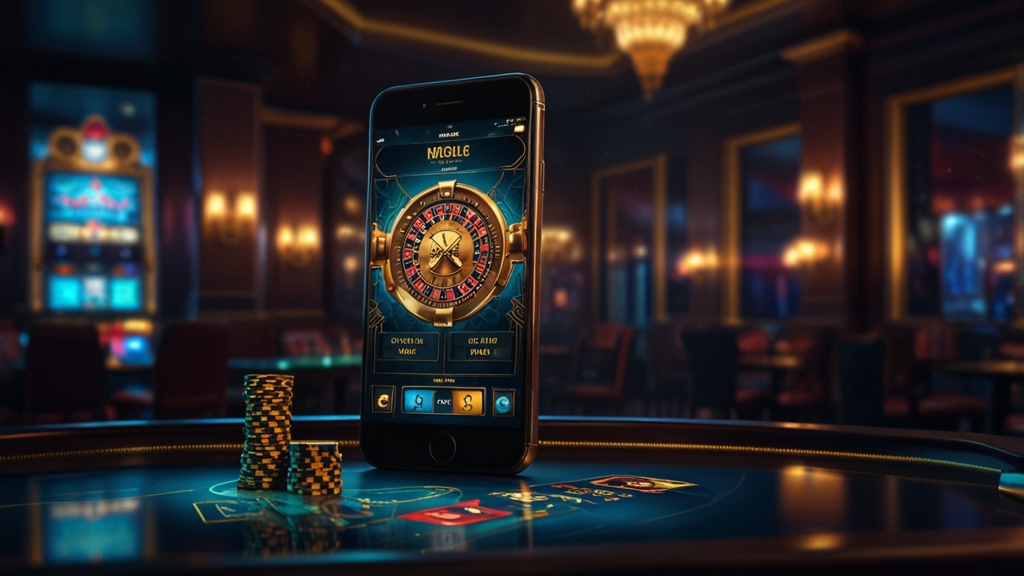 Smartphone showing a casino app download page in a dark neon-lit setting